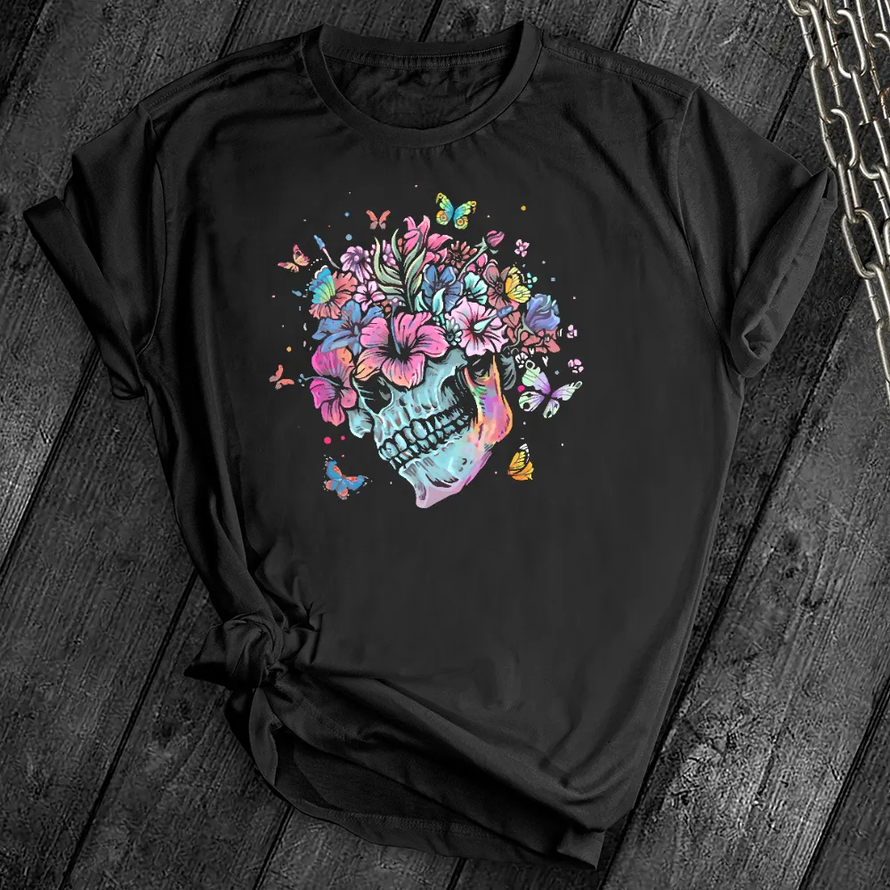 Colorful Floral Skull Butterfly Tee
