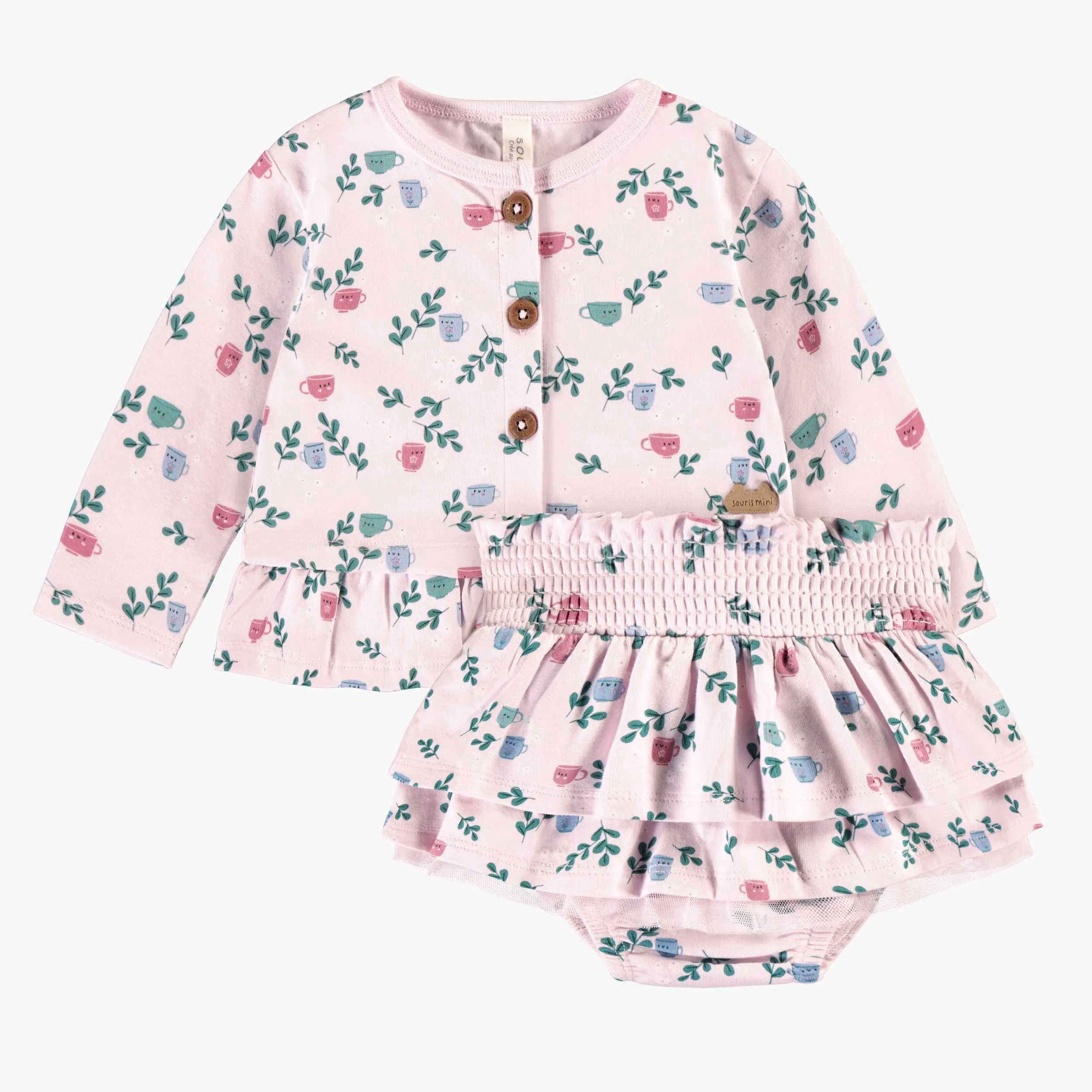 Ensemble deux pièces rose en jersey extensible à motifs de tasses, naissance || Pink two pieces set in stretch jersey with cups all over print, newborn