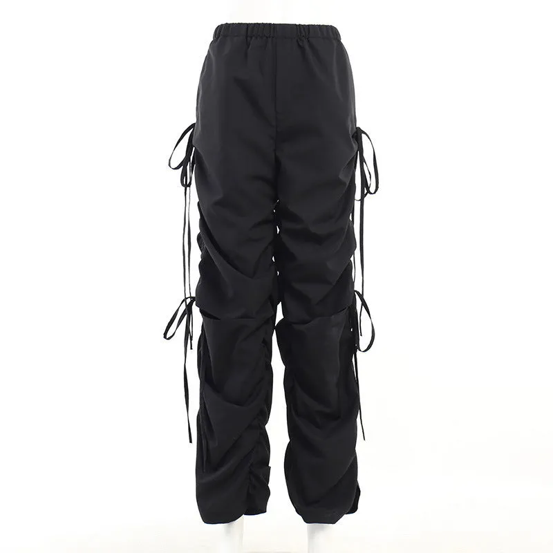 XY22031European and American Leisure Loose-Fitting Wide-Leg Trousers Women's Street Drawstring Ripped Fashion Women's Fashion Clothing Overalls