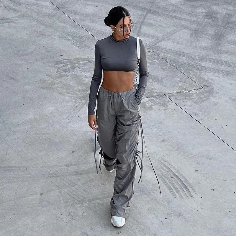 XY22031European and American Leisure Loose-Fitting Wide-Leg Trousers Women's Street Drawstring Ripped Fashion Women's Fashion Clothing Overalls